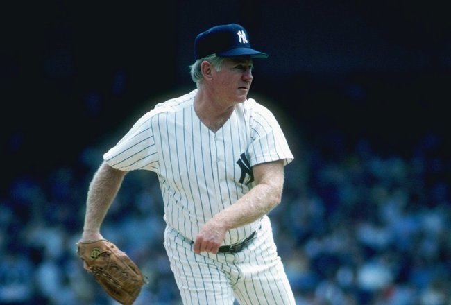 Aug 1982:  Pitcher Whitey Ford of the New York Yankees throws a pitch during a game at Yankee Stadium in Bronx, New York. Mandatory Credit: T. G. Higgins  /Allsport