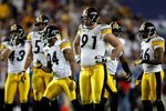 TAMPA, FL - FEBRUARY 01:  (L-R) Troy Polamalu #43, James Farrior #51, Ike Tayloer #24, Aaron Smith #91, Bryant McFadden #20 and Deshea Townsend #26 of the Pittsburgh Steelers get into position on defense against the Arizona Cardinals during Super Bowl XLIII on February 1, 2009 at Raymond James Stadium in Tampa, Florida. Steelers won 27-23. (Photo by Chris Graythen/Getty Images)