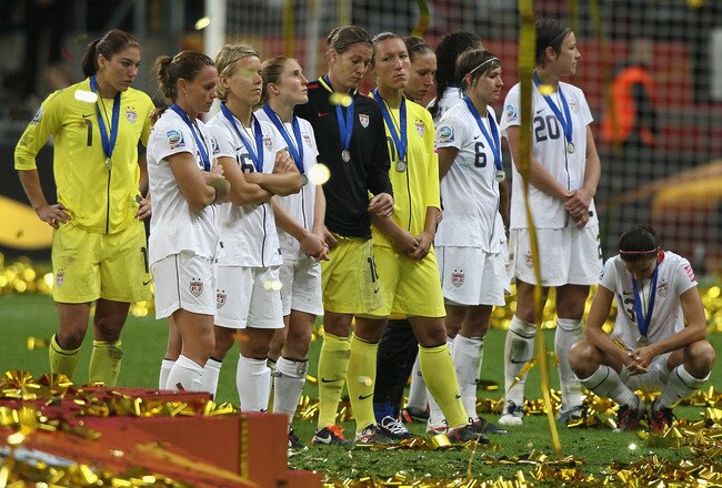 FRANKFURT AM MAIN, GERMANY - JULY 17:  The USA looks dejected on the podium after losing 3-5 after penalty shoot-out the FIFA Women's World Cup Final match between Japan and USA at the FIFA World Cup stadium Frankfurt on July 17, 2011 in Frankfurt am Main, Germany.  (Photo by Christof Koepsel/Getty Images)