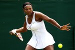 LONDON, ENGLAND - JUNE 23:  Serena Williams of the United States lines up a shot during her second round match against Simona Halep of Romania on Day Four of the Wimbledon Lawn Tennis Championships at the All England Lawn Tennis and Croquet Club on June 23, 2011 in London, England.  (Photo by Clive Brunskill/Getty Images)