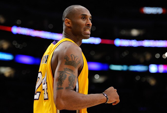 LOS ANGELES, CA - MAY 04:  Kobe Bryant #24 of the Los Angeles Lakers reacts in the second quarter while taking on the Dallas Mavericks in Game Two of the Western Conference Semifinals in the 2011 NBA Playoffs at Staples Center on May 4, 2011 in Los Angeles, California. NOTE TO USER: User expressly acknowledges and agrees that, by downloading and or using this photograph, User is consenting to the terms and conditions of the Getty Images License Agreement.  (Photo by Kevork Djansezian/Getty Images)