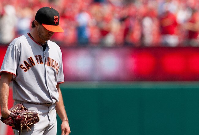 ST. LOUIS - AUGUST 22: Starter Barry Zito #75 of the San Francisco Giants reacts to giving up a home run against the St. Louis Cardinals at Busch Stadium on August 22, 2010 in St. Louis, Missouri.  (Photo by Dilip Vishwanat/Getty Images)
