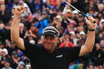 SANDWICH, ENGLAND - JULY 17:  Darren Clarke of Northern Ireland celebrates victory on the 18th green during the final round of The 140th Open Championship at Royal St George's on July 17, 2011 in Sandwich, England.  (Photo by Streeter Lecka/Getty Images)