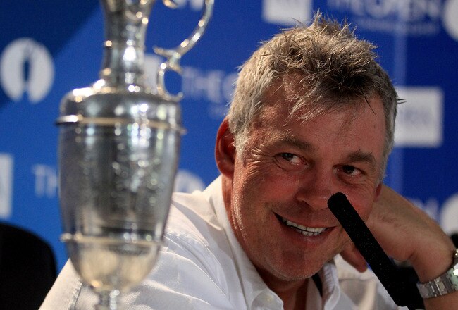 SANDWICH, ENGLAND - JULY 18:  Darren Clarke of Northern Ireland speaks to the media following his victory in The 140th Open Championship at Royal St George's on July 18, 2011 in Sandwich, England.  (Photo by Streeter Lecka/Getty Images)