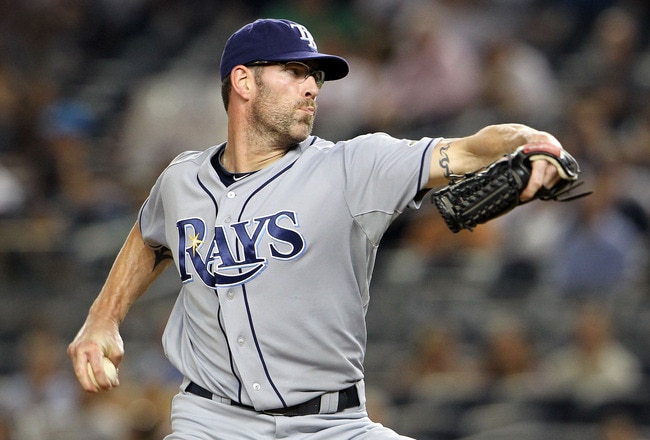 NEW YORK, NY - JULY 07:  Kyle Farnsworth #43 of the Tampa Bay Rays pitches against the New York Yankees at Yankee Stadium on July 7, 2011 in the Bronx borough of New York City.  (Photo by Michael Heiman/Getty Images)