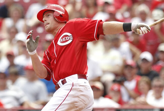 CINCINNATI, OH - JULY 17: Zack Cozart #2 of the Cincinnati Reds hits a home run in the eighth inning against the St. Louis Cardinals at Great American Ball Park on July 17, 2011 in Cincinnati, Ohio. The Reds won 3-1. (Photo by Joe Robbins/Getty Images)