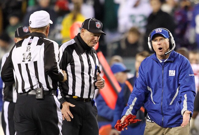 PHILADELPHIA, PA - NOVEMBER 21:  Head coach Tom Coughlin of the New York Giants argues a call during their game against the Philadelphia Eagles at Lincoln Financial Field on November 21, 2010 in Philadelphia, Pennsylvania.  (Photo by Michael Heiman/Getty Images)