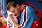 ATLANTA, GA - MAY 15:  Roy Halladay #34 of the Philadelphia Phillies wipes sweat from his forehead between innings against the Atlanta Braves at Turner Field on May 15, 2011 in Atlanta, Georgia.  (Photo by Kevin C. Cox/Getty Images)