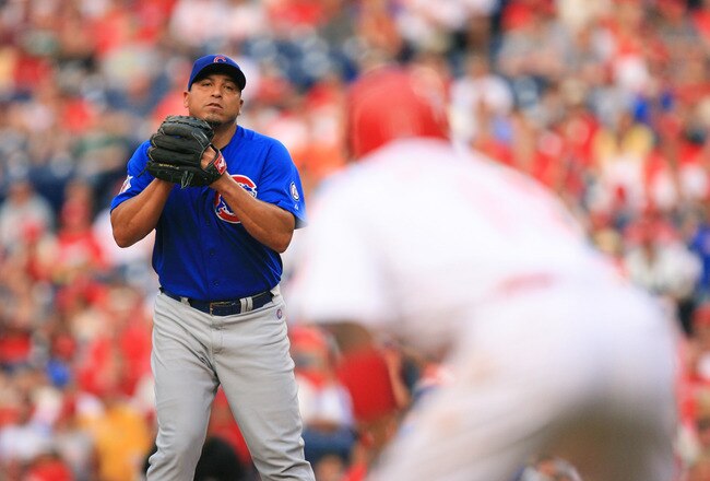 PHILADELPHIA - JUNE 10: Starting pitcher Carlos Zambrano #38 of the Chicago Cubs looks back to a runner on third base during a game against the Philadelphia Phillies at Citizens Bank Park on June 10, 2011 in Philadelphia, Pennsylvania. The Phillies won 7-5. (Photo by Hunter Martin/Getty Images)