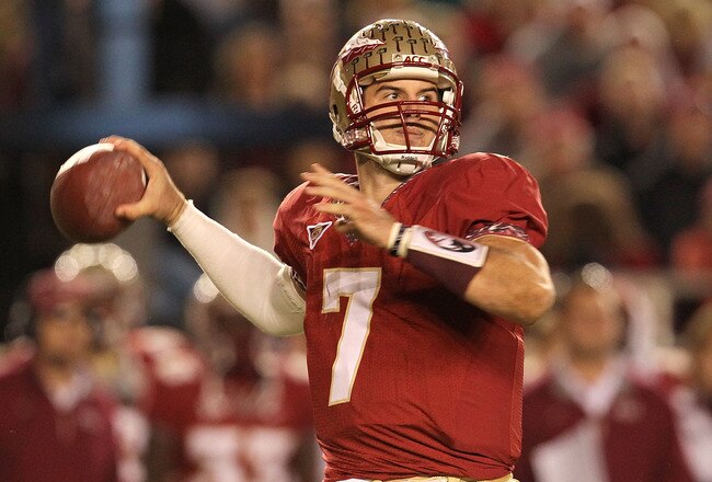 TALLAHASSEE, FL - NOVEMBER 27:  Christian Ponder #7 of the Florida State Seminoles throws for a first down during a game against the Florida Gators at Doak Campbell Stadium on November 27, 2010 in Tallahassee, Florida.  (Photo by Mike Ehrmann/Getty Images)