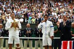LONDON, ENGLAND - JULY 03:  Winner Novak Djokovic of Serbia (L) and runner-up Rafael Nadal of Spain with their trophies after their final round Gentlemen's match on Day Thirteen of the Wimbledon Lawn Tennis Championships at the All England Lawn Tennis and Croquet Club on July 3, 2011 in London, England.  (Photo by Clive Brunskill/Getty Images)