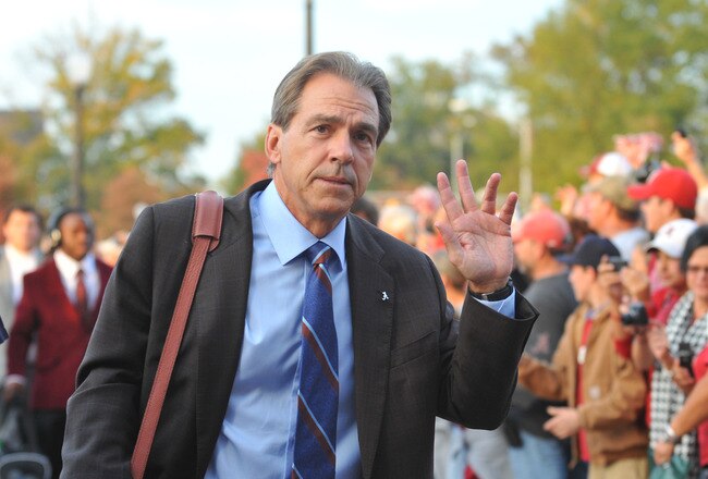 TUSCALOOSA, AL - NOVEMBER 13: Coach Nick Saban of the Alabama Crimson Tide enters the stadium before play against the Mississippi State Bulldogs November 13, 2010 at Bryant-Denny Stadium in Tuscaloosa, Alabama.  (Photo by Al Messerschmidt/Getty Images)