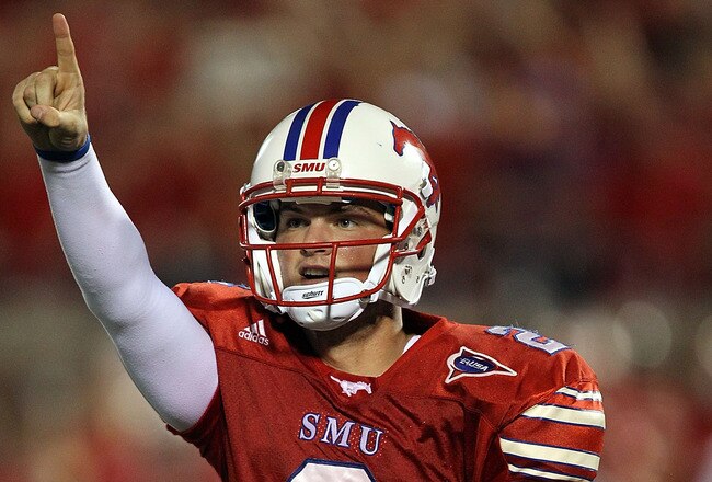 DALLAS - SEPTEMBER 24:  Quarterback Kyle Padron #2 of the SMU Mustangs celebrates a touchdown in the third quarter against the TCU Horned Frogs at Gerald J. Ford Stadium on September 24, 2010 in Dallas, Texas.  (Photo by Ronald Martinez/Getty Images)