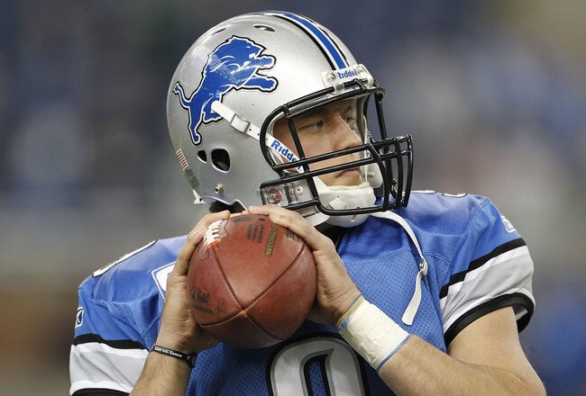DETROIT - NOVEMBER 7: Matthew Stafford #9 of the Detroit Lions warms up prior to the start of the game against the New York Jets at Ford Field on November 7, 2010 in Detroit, Michigan.  (Photo by Leon Halip/Getty Images)