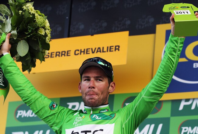 GALIBIER, FRANCE - JULY 21:  Mark Cavendish of Great Britain and HTC Highroad retained his green points jersey after stage eighteen of the 2011 Tour de France from Pinerolo to Galibier Serre Chevalier on July 21, 2011 in Serre Chevalier, France.  (Photo by Bryn Lennon/Getty Images)