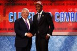 NEWARK, NJ - JUNE 23:  Kyrie Irving (R) from Duke greets NBA Commissioner David Stern after he was selected number one overall by the Cleveland Cavaliers in the first round during the 2011 NBA Draft at the Prudential Center on June 23, 2011 in Newark, New Jersey.  NOTE TO USER: User expressly acknowledges and agrees that, by downloading and/or using this Photograph, user is consenting to the terms and conditions of the Getty Images License Agreement.  (Photo by Mike Stobe/Getty Images)