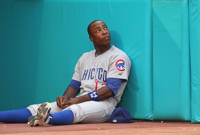 MIAMI GARDENS, FL - MAY 19:  Alfonso Soriano #12 of the Chicago Cubs looks on during a game against  the Florida Marlins at Sun Life Stadium on May 19, 2011 in Miami Gardens, Florida.  (Photo by Mike Ehrmann/Getty Images)