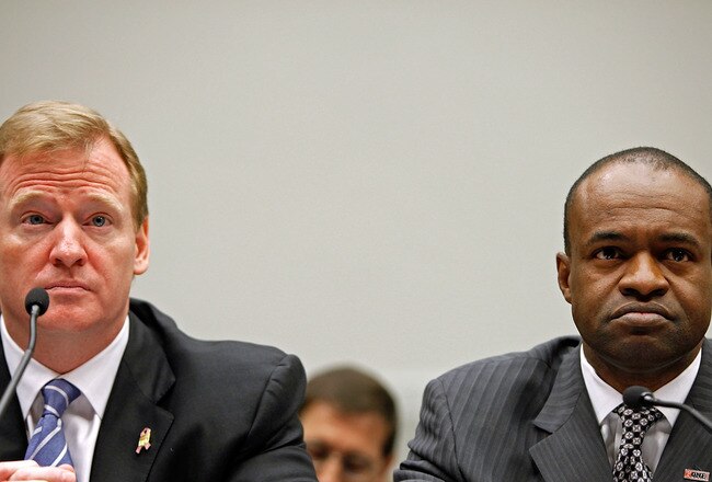 WASHINGTON - OCTOBER 28:  National Football League Commissioner Roger Goodell (L) and NFL Players Association Executive Director DeMaurice Smith testify before the House Judiciary Committee about football brain injuries on Captiol Hill October 28, 2009 in Washington, DC. A recent NFL study of retired players suggested that N.F.L. retirees ages 60 to 89 are experiencing moderate to severe dementia at several times the national rate.  (Photo by Chip Somodevilla/Getty Images)