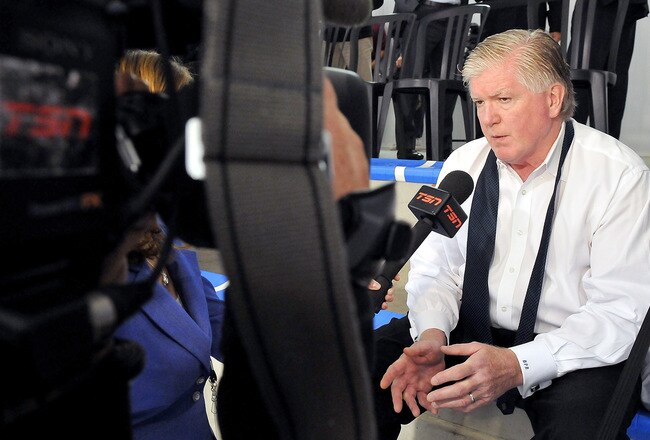 TORONTO, ON - AUGUST 18: Toronto Maple Leafs General Manager Brian Burke speaks to the media during the afternoon session of the 2010 NHL Research, Development and Orientation Camp at the Mastercard Center on August 18, 2010 in Toronto, Canada.  (Photo by Matthew Manor/Getty Images)