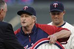 MINNEAPOLIS, MN - JULY 16: Bert Blyleven, National Baseball Hall of Fame Inductee, receives a plaque with his retired #28 on it from Rick Stelmaszek #43 of the Minnesota Twins before the game between the Kansas City Royals and the Minnesota Twins on July 16, 2011 at Target Field in Minneapolis, Minnesota. (Photo by Hannah Foslien/Getty Images)