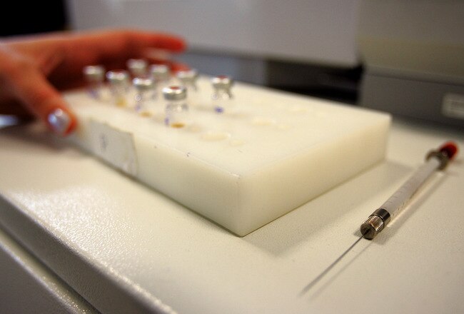 ATHENS, GREECE - AUGUST 9: A syringe and small sample bottles are seen at the Doping Control Laboratory of Athens during the final days before the start of the 2004 Olympic Games August 9, 2004 in Athens. German TV Station 'ARD' announced today that 20 German winter sportsmen are apparently under suspicion for blood doping. (Photo by Ian Waldie/Getty Images)