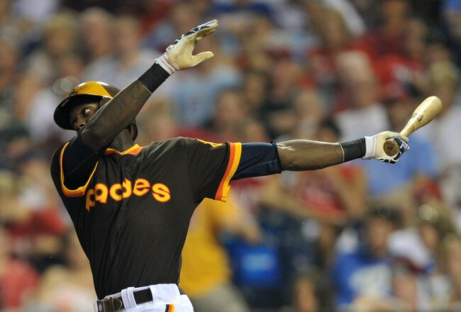 PHILADELPHIA, PA - JULY 22: Cameron Maybin #24 of the San Diego Padres swings and misses on a pitch by Cole Hamels of the Philadelphia Phillies at Citizens Bank Park on July 22, 2011 in Philadelphia, Pennsylvania. The Phillies won 3-1. (Photo by Drew Hallowell/Getty Images)