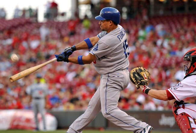 CINCINNATI, OH - JUNE 3:  Rafael Furcal #15 of the Los Angeles Dodgers makes contact with the ball against the Cincinnati Reds at Great American Ball Park on June 3, 2011 in Cincinnati, Ohio. Cincinnati defeated Los Angeles 2-1.  (Photo by Jamie Sabau/Getty Images)