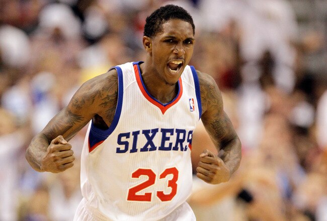 PHILADELPHIA, PA - APRIL 21: Lou Williams #23 of the Philadelphia 76ers reacts after scoring against the Miami Heat during the first half of game three of the Eastern Conference Quarterfinals at Wells Fargo Center on April 21, 2011 in Philadelphia, Pennsylvania.NOTE TO USER: User expressly acknowledges and agrees that, by downloading and/or using this Photograph, User is consenting to the terms and conditions of the Getty Images License Agreement.  (Photo by Rob Carr/Getty Images)