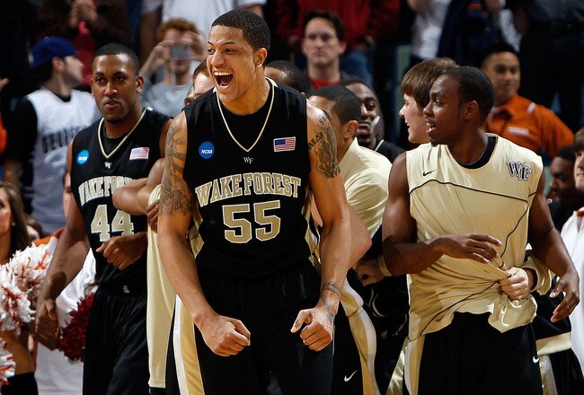 NEW ORLEANS - MARCH 18:  Tony Woods #55 of the Wake Forest Demon Deacons celebrates after defeating the Texas Longhorns 81-80 in overtime during the first round of the 2010 NCAA men�s basketball tournament at the New Orleans Arena on March 18, 2010 in New Orleans, Louisiana.  (Photo by Chris Graythen/Getty Images)
