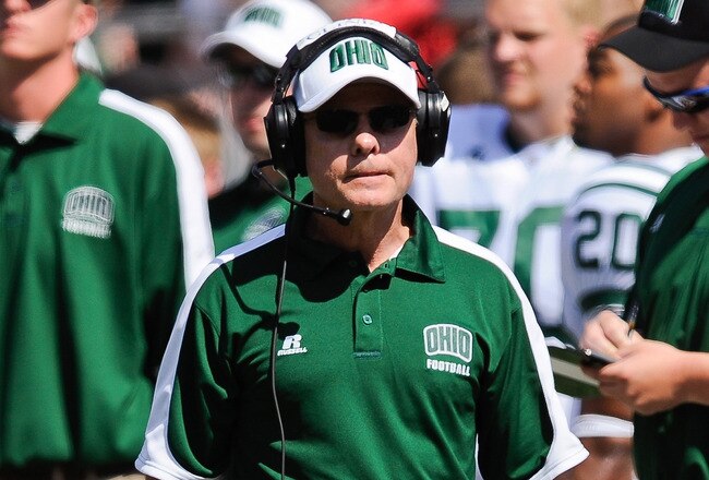 COLUMBUS, OH - SEPTEMBER 18:  Head Coach Frank Solich of the Ohio Bobcats watches his team play against the Ohio State Buckeyes at Ohio Stadium on September 18, 2010 in Columbus, Ohio.  (Photo by Jamie Sabau/Getty Images)