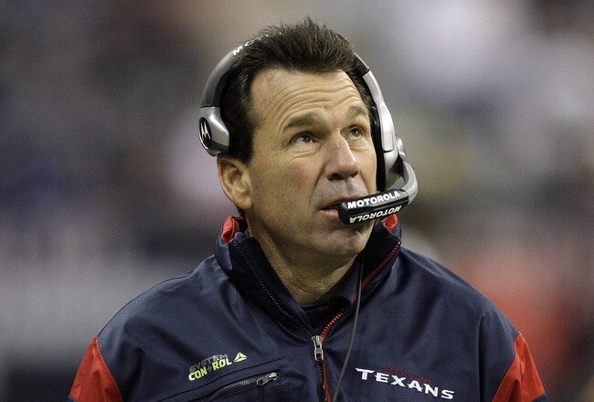 HOUSTON - JANUARY 02: Head coach Gary Kubiak of the Houston Texans checks the scroreboard in the fourth quarter during action against the Jacksonville Jaguars at Reliant Stadium on January 2, 2011 in Houston, Texas.  (Photo by Bob Levey/Getty Images)
