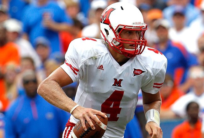 GAINESVILLE, FL - SEPTEMBER 04:  Quarterback Zac Dysert #4 of the Miami University RedHawks attempts a pass against the Florida Gators at Ben Hill Griffin Stadium on September 4, 2010 in Gainesville, Florida.  (Photo by Sam Greenwood/Getty Images)