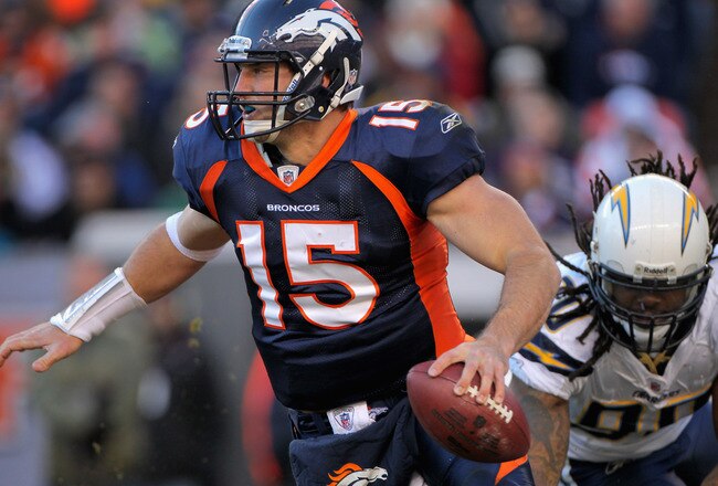 DENVER - JANUARY 02:  Quarterback Tim Tebow #15 of the Denver Broncos scrambles against the San Diego Chargers at INVESCO Field at Mile High on January 2, 2011 in Denver, Colorado.  (Photo by Doug Pensinger/Getty Images)