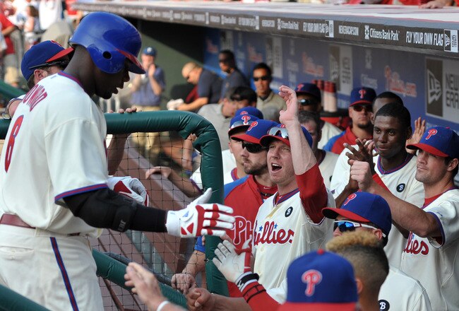 PHILADELPHIA, PA - JULY 23: Ryan Howard #6 of the Philadelphia Phillies gets congratulated by teammates after hitting a home-run in the seventh inning during the game against the San Diego Padres at Citizens Bank Park on July 23, 2011 in Philadelphia, Pennsylvania. The Phillies won 8-6. (Photo by Drew Hallowell/Getty Images)