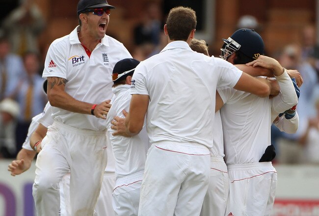 LONDON, ENGLAND - JULY 25: Kevin Pietersen of England celebrates victory with his team mates during day five of the 1st npower test match between England and India  at Lord's Cricket Ground on July 25, 2011 in London, England.  (Photo by Tom Shaw/Getty Images)