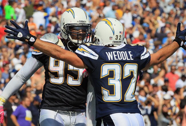 SAN DIEGO - OCTOBER 03:  Eric Weddle #32 of the San Diego Chargers congratulates teammate Shaun Phillips #95 after intercepting a pass for a touchdown in the second quarter against the Arizona Cardinals at Qualcomm Stadium on October 3, 2010 in San Diego, California.  (Photo by Jeff Gross/Getty Images)