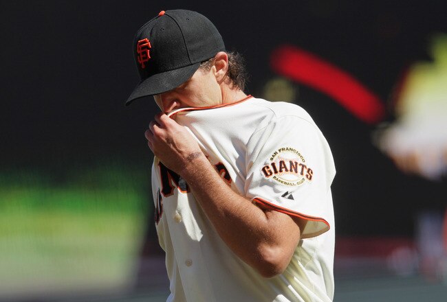 SAN FRANCISCO - OCTOBER 02:  Barry Zito #75 of the San Francisco Giants wipes his face after being removed from the game during the fourth inning against the San Diego Padres at AT&T Park on October 2, 2010 in San Francisco, California.  (Photo by Justin Sullivan/Getty Images)