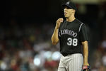 PHOENIX, AZ - JULY 24:  Starting pitcher Ubaldo Jimenez #38 of the Colorado Rockies during the Major League Baseball game against the Arizona Diamondbacks at Chase Field on July 24, 2011 in Phoenix, Arizona.  The Diamondbacks defeated the Rockies 7-0.  (Photo by Christian Petersen/Getty Images)