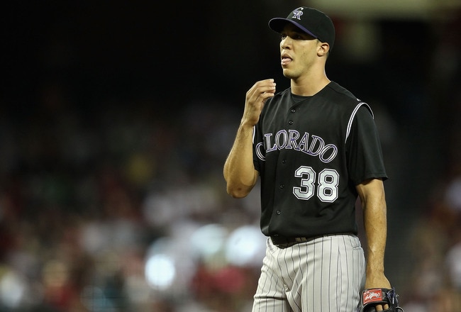 PHOENIX, AZ - JULY 24:  Starting pitcher Ubaldo Jimenez #38 of the Colorado Rockies during the Major League Baseball game against the Arizona Diamondbacks at Chase Field on July 24, 2011 in Phoenix, Arizona.  The Diamondbacks defeated the Rockies 7-0.  (Photo by Christian Petersen/Getty Images)