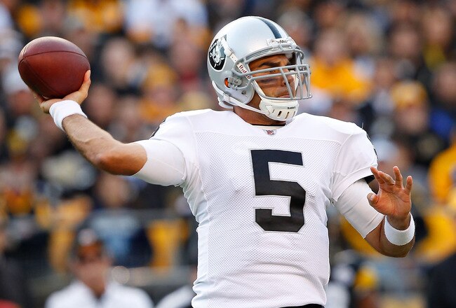 PITTSBURGH - NOVEMBER 21:  Bruce Gradkowski #5 of the Oakland Raiders drops back to pass during the game against the Pittsburgh Steelers on November 21, 2010 at Heinz Field in Pittsburgh, Pennsylvania.  (Photo by Jared Wickerham/Getty Images)
