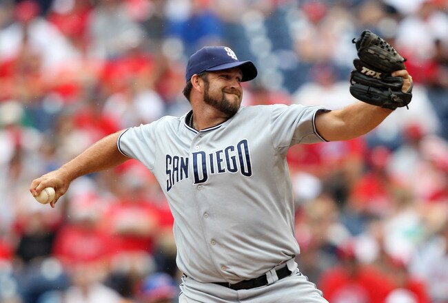 PHILADELPHIA - JULY 25: Relief pitcher Heath Bell #21 of the San Diego Padres throws a pitch during a game against the Philadelphia Phillies at Citizens Bank Park on July 25, 2011 in Philadelphia, Pennsylvania. The Padres won 5-4. (Photo by Hunter Martin/Getty Images)