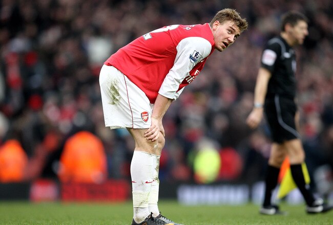 LONDON, ENGLAND - MARCH 05:  Nicklas Bendtner of Arsenal shows his disappointment at the final whistle during the Barclays Premier League match between Arsenal and Sunderland at Emirates Stadium on March 5, 2011 in London, England.  (Photo by Paul Gilham/Getty Images)