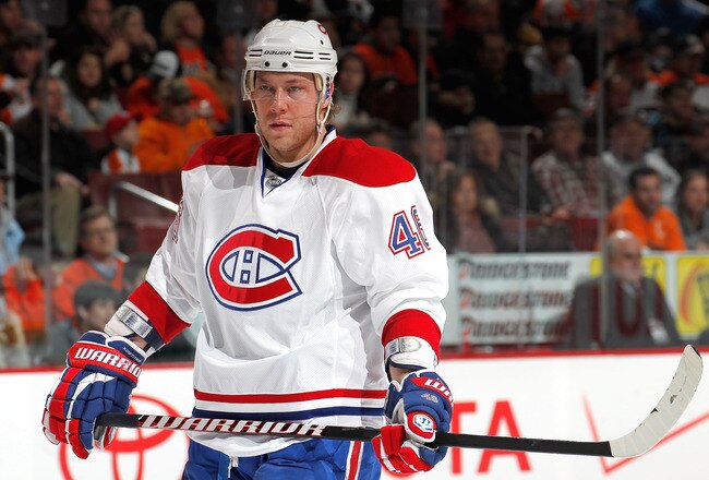 PHILADELPHIA, PA - JANUARY 25:  Andrei Kostitsyn #46 of the Montreal Canadiens waits for a faceoff in an NHL hockey game against the Philadelphia Flyers at the Wells Fargo Center on January 25, 2011 in Philadelphia, Pennsylvania.  (Photo by Paul Bereswill/Getty Images)