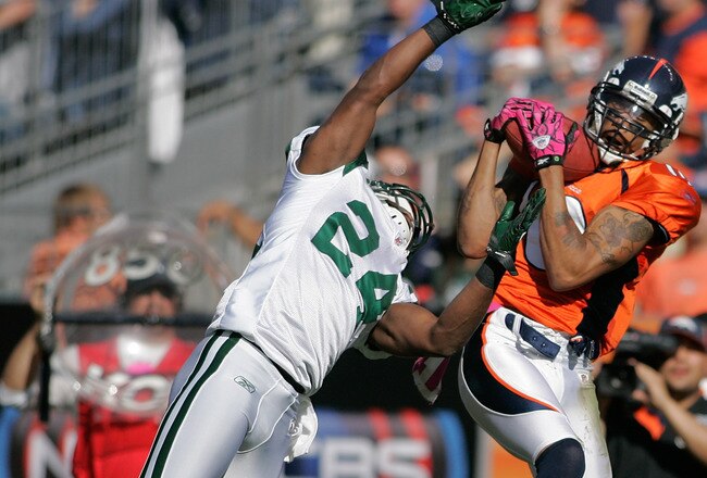 DENVER - OCTOBER 17:  Wide receiver Jabar Gaffney #10 of the Denver Broncos hauls in a reception against cornerback Darrelle Revis #24 of the New York Jets at INVESCO Field at Mile High on October 17, 2010 in Denver, Colorado.  (Photo by Justin Edmonds/Getty Images)