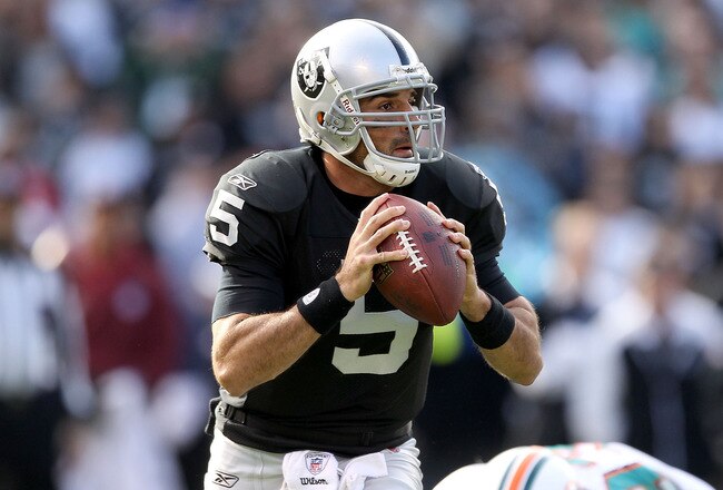 OAKLAND, CA - NOVEMBER 28:  Bruce Gradkowski #5 of the Oakland Raiders in action against the Miami Dolphins at Oakland-Alameda County Coliseum on November 28, 2010 in Oakland, California.  (Photo by Ezra Shaw/Getty Images)