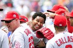 CLEVELAND, OH - JULY 27: Starting pitcher Ervin Santana #54 of the Los Angeles Angels of Anaheim celebrates with his teammates after throwing a no-hitter against the Cleveland Indians at Progressive Field on July 27, 2011 in Cleveland, Ohio. The Angels defeated the Indians 3-1. (Photo by Jason Miller/Getty Images)