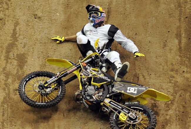 LOS ANGELES, CA - JULY 28:  Travis Pastrana is injured after a fall in the Moto X Best Trick Final during day 1 of the X Games 17 at the Staples Centrer on July 28, 2011 in Los Angeles, California.  (Photo by Harry How/Getty Images)