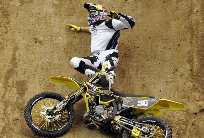 LOS ANGELES, CA - JULY 28:  Travis Pastrana is injured after a fall in the Moto X Best Trick Final during day 1 of the X Games 17 at the Staples Centrer on July 28, 2011 in Los Angeles, California.  (Photo by Harry How/Getty Images)