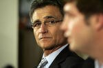 LAKE FOREST, IL - APRIL 3: The Chicago Bears General manager Jerry Angelo looks on as the Bears announce Jay Cutler as their new quarterback during a press conference on April 3, 2009 at Halas Hall in Lake Forest, Illinois.  (Photo by Jim Prisching/Getty Images)
