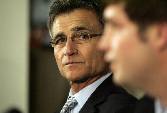 LAKE FOREST, IL - APRIL 3: The Chicago Bears General manager Jerry Angelo looks on as the Bears announce Jay Cutler as their new quarterback during a press conference on April 3, 2009 at Halas Hall in Lake Forest, Illinois.  (Photo by Jim Prisching/Getty Images)